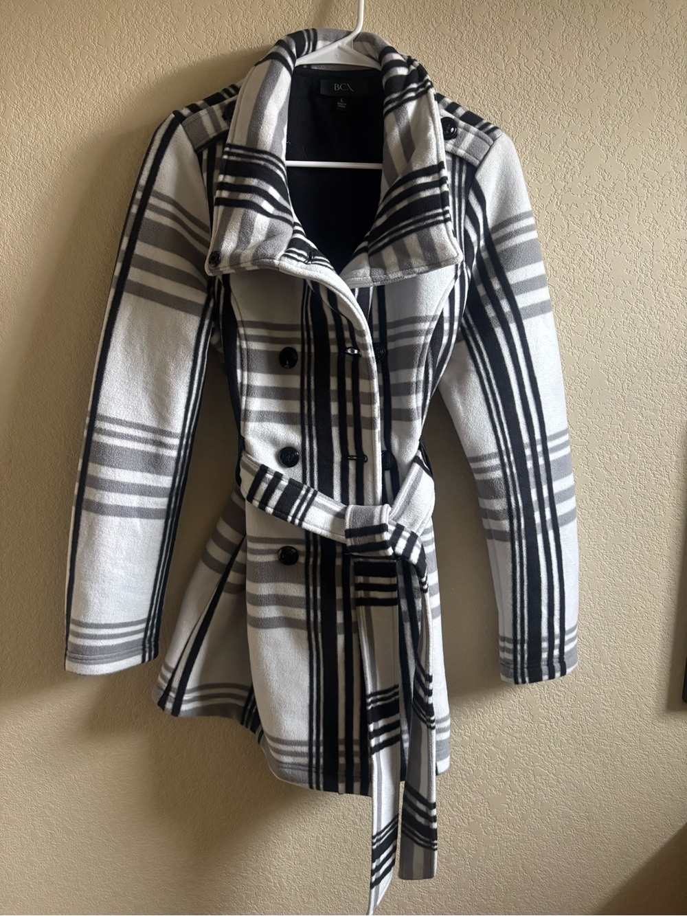 BCX Black and White Plaid Belted Coat